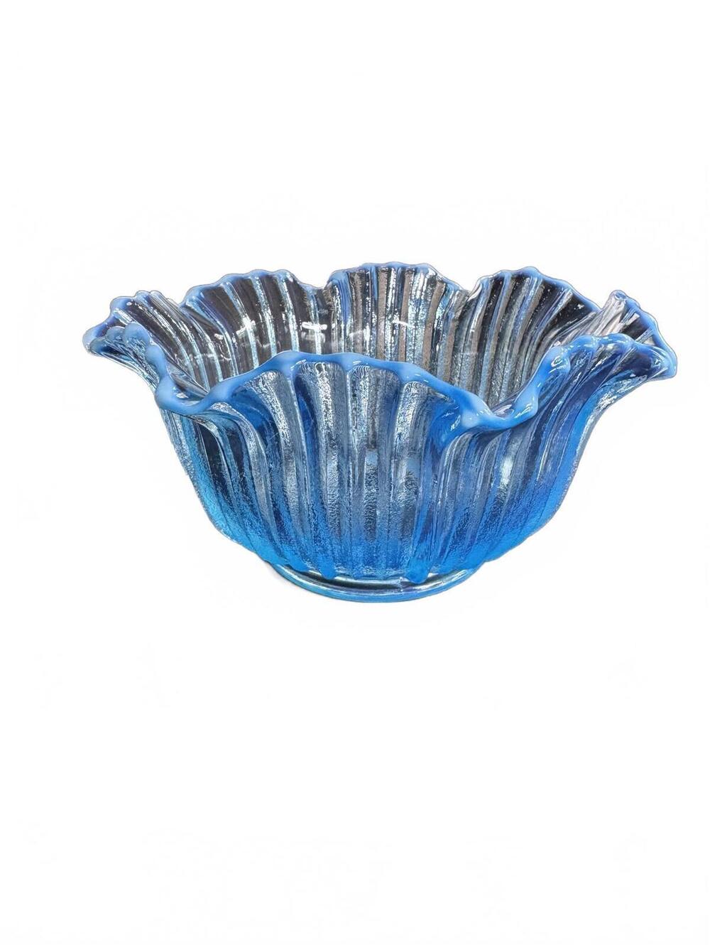 Vintage MCM Opalescent Blue Ribbed Ruffled Art Glass Bowl